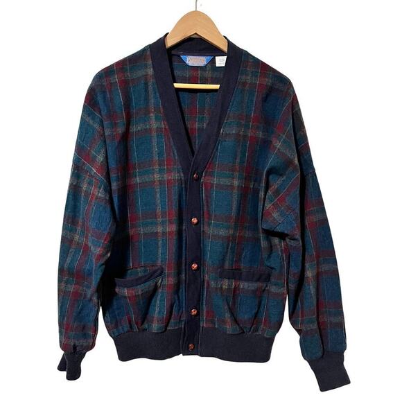 VTG Pendleton Plaid Wool Cardigan Sweater Size L Navy Ranch Country Men’s - Picture 1 of 10